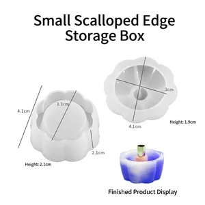 Macro view of scalloped storage box silicone mold with detailed product dimensions