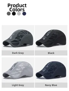 Four color options of breathable mesh sport caps in grey, black, and navy blue