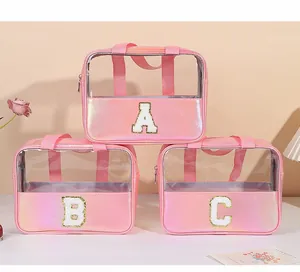 Set di 3 borse da trucco olografiche rosa con toppe di lettere in ciniglia A, B e C