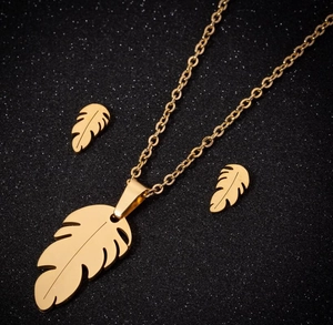 Three-piece gold stainless steel jewelry set featuring detailed feather pendants and studs