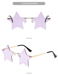 Star-shaped rimless sunglasses with purple gradient lenses and gold metal temples in dual views