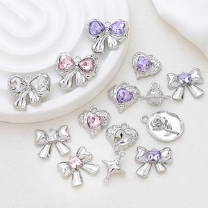 Silver alloy bow and heart charms with purple pink crystals for DIY jewelry making