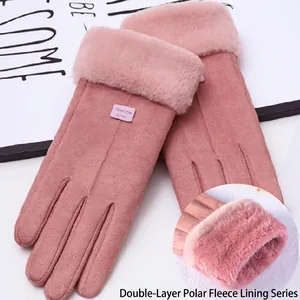 Women Winter Gloves Faux Suede Faux Fur Trim Thickened Fleece Lined Touch Screen Warm Windproof Solid Color Cute