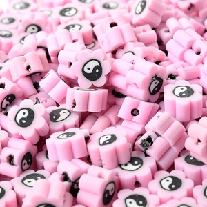 Bulk 10mm pink flower clay beads with Tai Chi Yin Yang pattern for DIY jewelry making