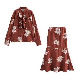 Tenue Assortie Femme Chemise Et Jupe Sirène Imprimé Fleuri À Pois Volants Manches Longues Élégant Rouge Brique Polyester
