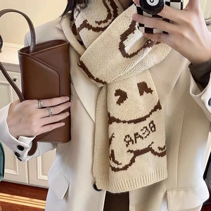 Winter knitted long scarf with cute bear smile patterns for couples in beige and brown