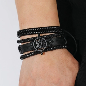 Men's multilayer black leather braided bracelet set with nautical ship helm charm