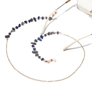 Fashion chain eyeglass strap with gold alloy links and natural blue lapis lazuli stones