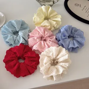 Elegant 6-color heavy lace embroidery scrunchies set with scalloped edges for ponytails