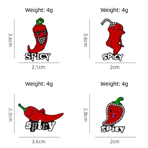 Funny cartoon red chili pepper pins set with spicy lettering and white rhinestones