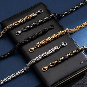 Byzantine titanium steel chain bracelets with lobster clasps in black, gold, and silver