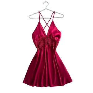 Sexy red satin nightdress with deep V-neck and delicate lace detailing for women