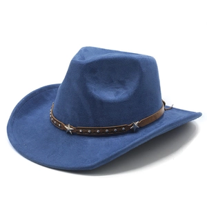 Western Cowboy Hat Faux Suede Wide Brim Retro Fedora Jazz Hat With Star Rivets Decorative Band For Men Women Outdoor