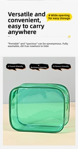 Green transparent PVC toiletry bag with zipper closure, waterproof and washable design