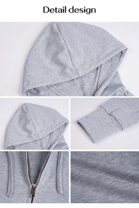 Detailed views of gray ribbed knit hoodie featuring zipper and hood texture details