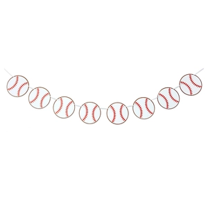 Detail of baseball theme banner with eight round card pendants and red stitching detail