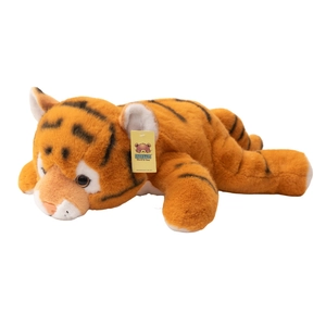 Realistic orange plush tiger stuffed animal in a lying position with black stripes