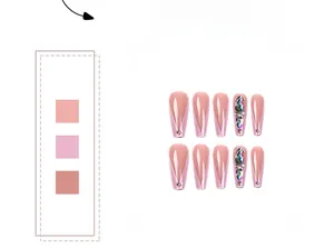 Detail of pink long ballerina press-on nails with French V-tip and colorful rhinestones