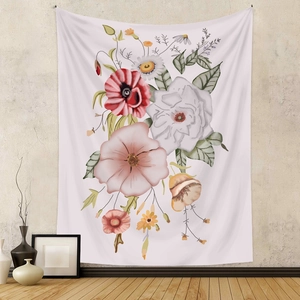 Arazzo da parete bohémien con fiori colorati su uno sfondo di parete rustica