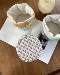 Quilted cotton fabric desktop storage baskets with mixed floral and plaid patchwork design