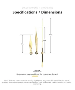 Detailed size chart for 406 high-gloss gold clock hands with 57mm 83mm 112mm lengths