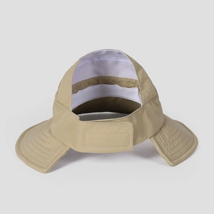 Detail view of khaki sun hat with adjustable velcro strap and sweatband inside