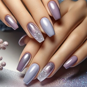 Purple Gradient Silver Glitter Cat Eye Press On Nails Long Coffin Shape Hand Painted Floral Design Artificial Nails