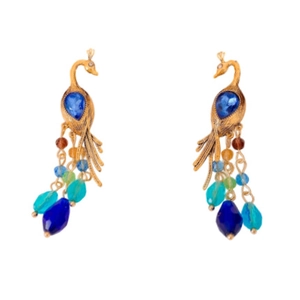 Elegant gold peacock tassel earrings with blue crystals and multicolored beads on white