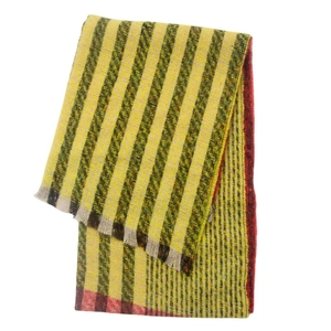 Close-up of knit texture and fringe detail on a multicolor striped autumn scarf