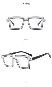 Detailed views of white TR90 square pixel glasses with positive and side angles