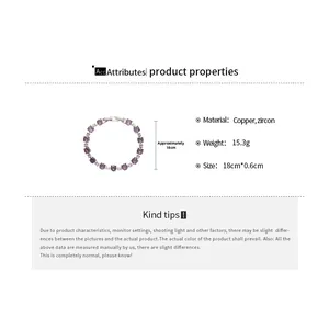 Detailed size chart of purple zircon bracelet showing 18cm length and copper material specs