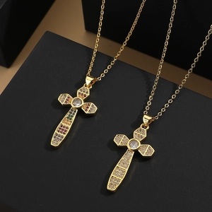 Copper Zirconia Cross Pendant Necklace Light Luxury Gold Plated Colorful White Zirconia Clavicle Chain Jewelry For Women