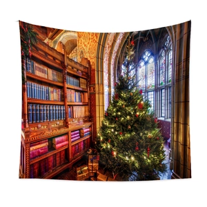 Detailed close-up of a Christmas tapestry showing vintage library books and a festive tree