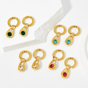 Gold stainless steel hoop earrings with colorful zircon drops in four vibrant colors