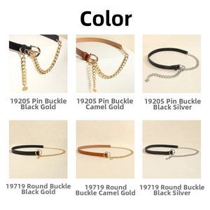 Detail view of multi-layer belts with metal chains, buckles, and coin charms in varied colors