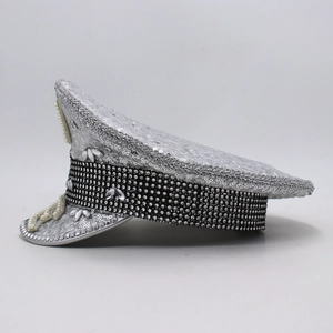 Sparkling silver sequin captain hat with rhinestones and pearls for party bridal wear