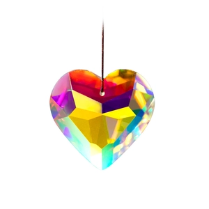 Rainbow crystal heart suncatcher prism with multifaceted facets and brown hanging cord
