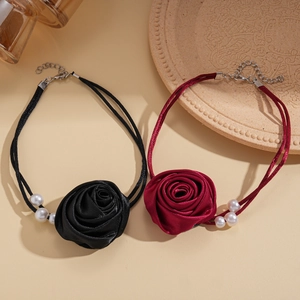 Elegant satin rose choker necklace with white pearls in black and burgundy styles