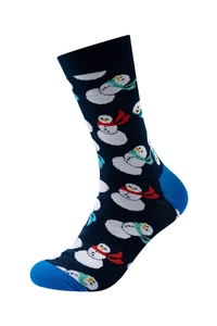 Detail of navy blue cotton socks featuring festive white cartoon snowmen and blue heels