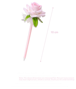 Detail view of 10cm pink artificial rose flower ballpoint pen with fabric petals