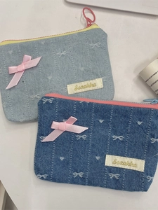 Mini Portamonete In Denim Con Fiocco Rosa Ricamo Cerniera Piccola Borsa Per Trucco Per Chiavi Rossetto Donna