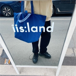 Detail of blue canvas tote bag showing checked handles and large capacity design