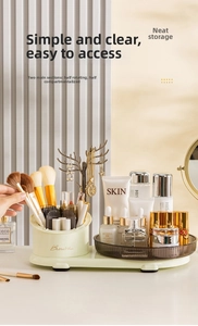 Close-up of cream and grey makeup organizer with jewelry hooks and rotating base
