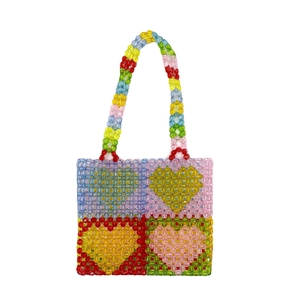 Colorful beaded tote bag with four-grid heart patterns and acrylic bead top handle