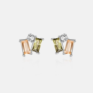 Detail of S925 sterling silver studs with square champagne and olive green stones