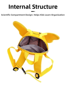 Detailed view of yellow bee backpack interior featuring organized storage compartments