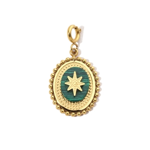 Detail view of a gold-plated teardrop pendant with green malachite and starburst inlay