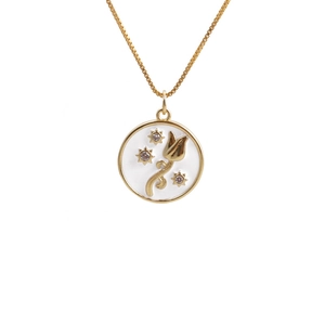 Elegant gold tulip pendant necklace with white enamel and sparkling stars on white background