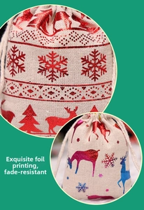 Detail showing high-quality gold foil reindeer and snowflake prints on linen gift bags