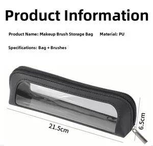 Detail of black PU makeup brush storage bag with transparent window and 21.5cm length